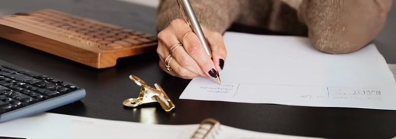 A woman writes on paper with a pen, preparing answers to common job interview questions.