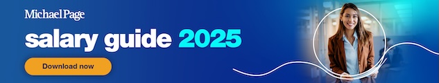 A female professional smiling in a blue banner of Michael Page 2025 Salary Guide