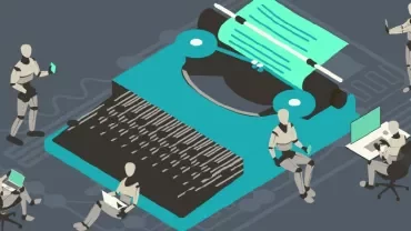 Robots interacting with a giant typewriter, symbolizing technology and writing.
