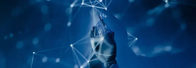 Robotic hand pointing amidst glowing network lines on a blue background.