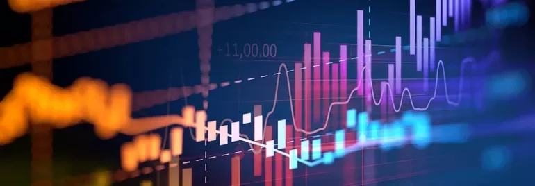 Colorful financial graphs and charts on a digital display.