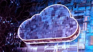 Digital cloud icon on a blue circuit board background.