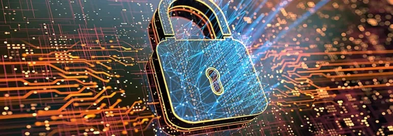 Digital padlock symbolizing cybersecurity on a circuit board background.