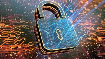 Digital padlock symbolizing cybersecurity on a circuit board background.