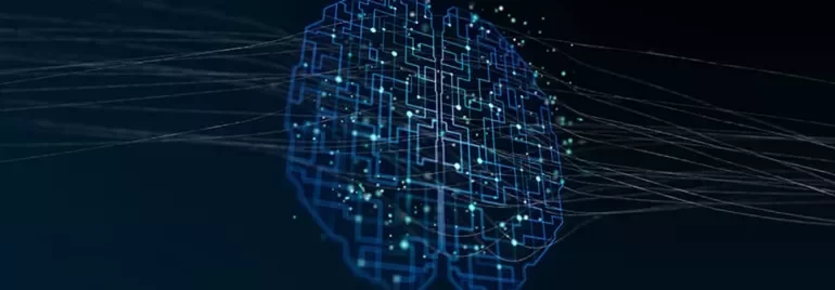 Abstract digital brain with interconnected pathways and glowing nodes.