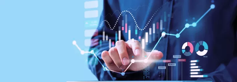 Person interacting with a digital financial chart display on a touchscreen.