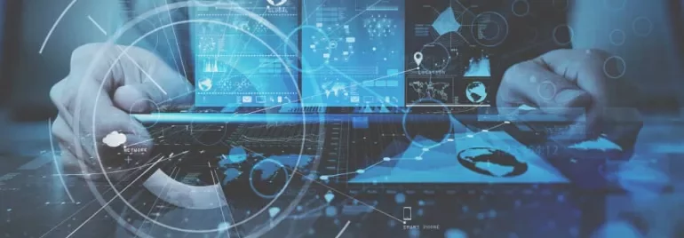 Futuristic digital interface with hands on a laptop, showcasing data and technology elements.