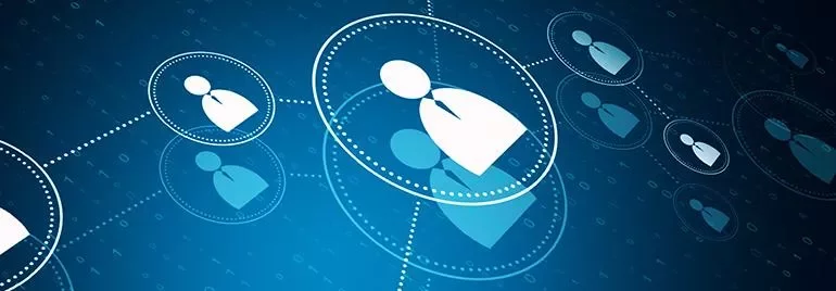 Digital network of connected user icons on a blue background.