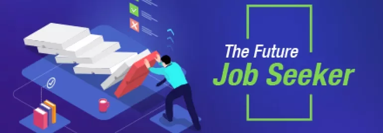 Illustration of a person analyzing charts titled 'The Future Job Seeker'
