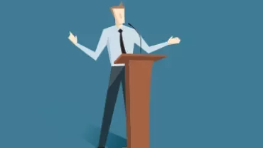 Illustration of a person speaking at a podium with a microphone, gesturing with both hands.