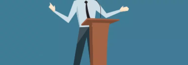 Illustration of a person speaking at a podium with a microphone, gesturing with both hands.
