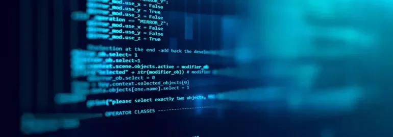 Close-up of blue computer code on a screen, displaying lines of text and commands.